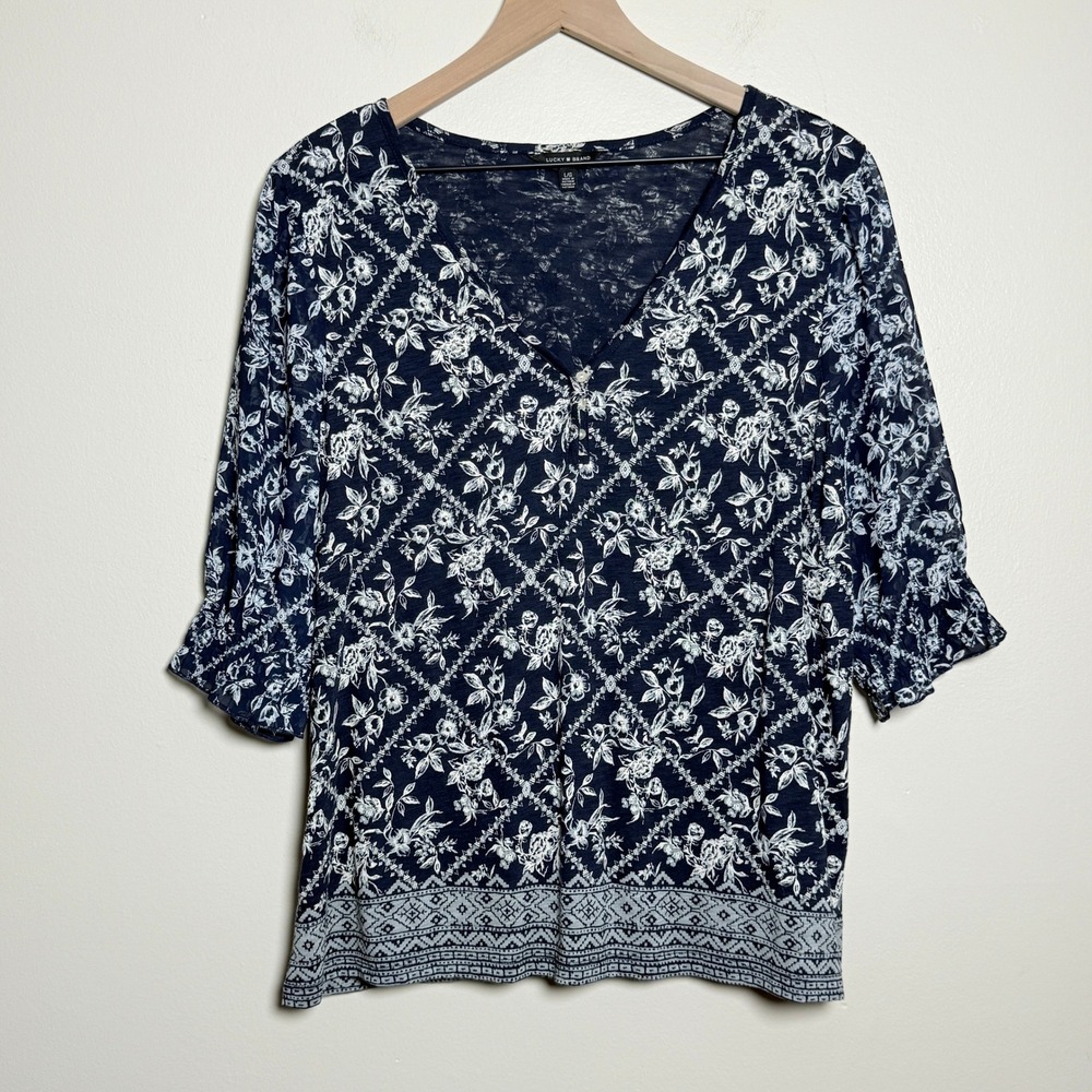 Lucky Brand Womens Puff Sleeve Top L Navy Blue Floral Mixed Media V-Neck Office